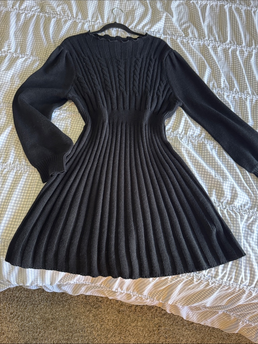 SHEIN Black Cable-Detail Ribbed Fit & Flare Long Sleeve Dress